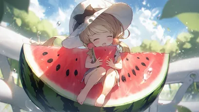 夏日西瓜少女 夏日 动漫 水彩风格 1080P