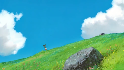 蓝天白云下的绿色山坡 风景 山坡 草地 1080P