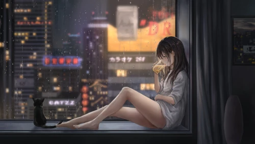 雨夜窗边的少女 雨夜 城市 少女 1080P