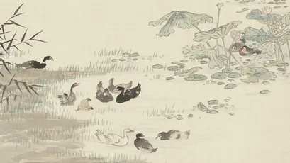 池塘鸭群 水墨画 自然风光 淡雅色调 2K