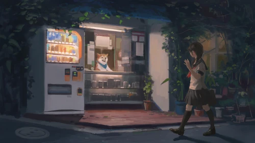 夜晚自动售货机与女孩 夜晚 自动售货机 女孩 4K