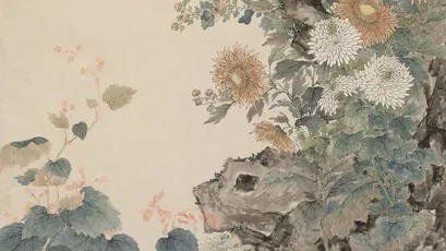 秋菊幽石图 花卉 山水 水墨画 8K