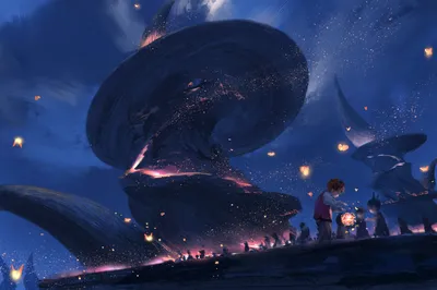 梦幻鲸鱼夜景 幻想艺术 夜晚场景 蓝色调 4K