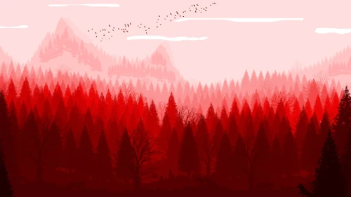 红色山峦森林景观 山脉 森林 插画 4K