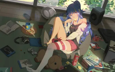 凌乱房间里的少女 动漫 室内 蓝发少女 1080P