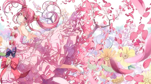 樱花飞舞的粉发少女 动漫插画 粉色系 樱花 1080P