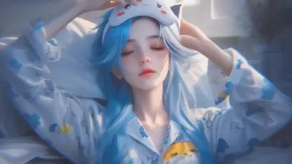 蓝发少女睡衣卧床 卧室场景 动漫风格 蓝色长发 4K