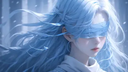 蓝发盲女风中立 奇幻风格 蓝色调 飘逸长发 4K