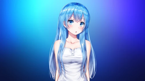 蓝色长发少女 动漫风格 蓝色背景 白色连衣裙 4K