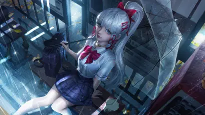 雨中撑伞的银发少女 动漫风格 雨天 银发少女 1080P