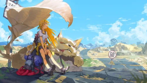 沙漠少女与巨兽 动漫风格 沙漠场景 金色长发 1080P