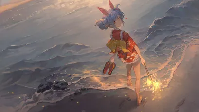 海边少女 动漫 海边 日落 4K