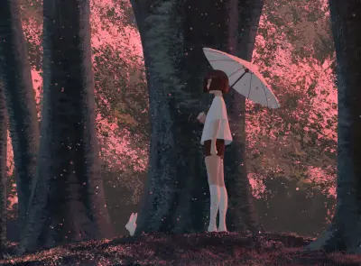 雨中林间撑伞少女 森林 雨天 少女 4K
