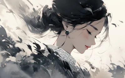 飘逸少女 场景:自然 风格:插画 颜色:灰白 4K