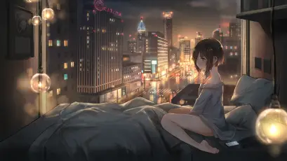 都市夜景下的少女 动漫插画 城市夜景 卧室 1080P