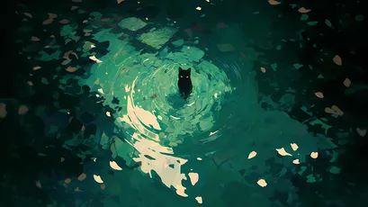 神秘池塘中的猫 夜晚 艺术插画 绿色调 4K