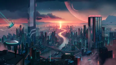 未来都市夜景 科幻城市 赛博朋克 霓虹色彩 2K