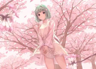 樱花下的少女 樱花 少女 粉色 2K