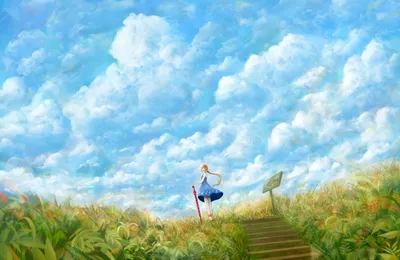 女孩与天空 女孩 天空 草地 4K