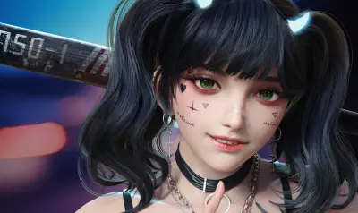双马尾朋克少女 赛博朋克 3D渲染 双马尾 4K