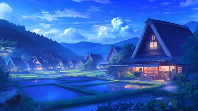 夜幕下的山村 山村 夜晚 日式建筑 4K