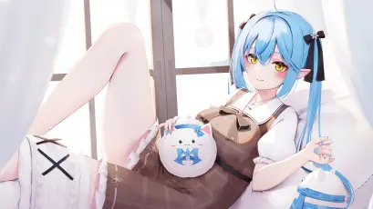 蓝发少女窗边休憩 动漫 二次元 蓝色 2K
