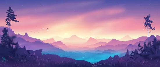 梦幻山丘日落 自然景观 插画风格 紫色天空 2K