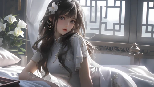 窗边静坐的少女 室内场景 古风插画 白色为主 4K