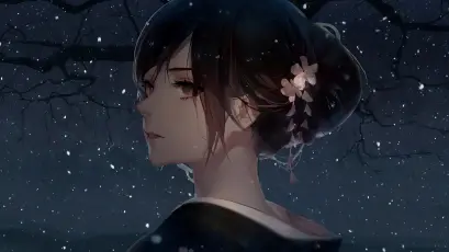 雪夜花发少女 雪景 夜晚 动漫风格 8K