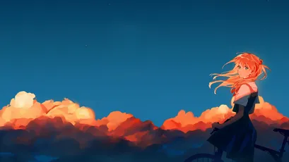 黄昏骑行少女 动漫 黄昏 橙色云彩 1080P