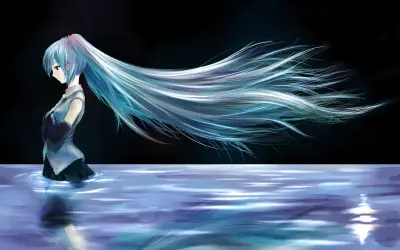 蓝发少女立水边 动漫风格 水边场景 蓝色调 1080P