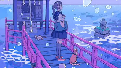 少女与猫的蓝色梦境 动漫风格 梦幻 蓝色调 1080P