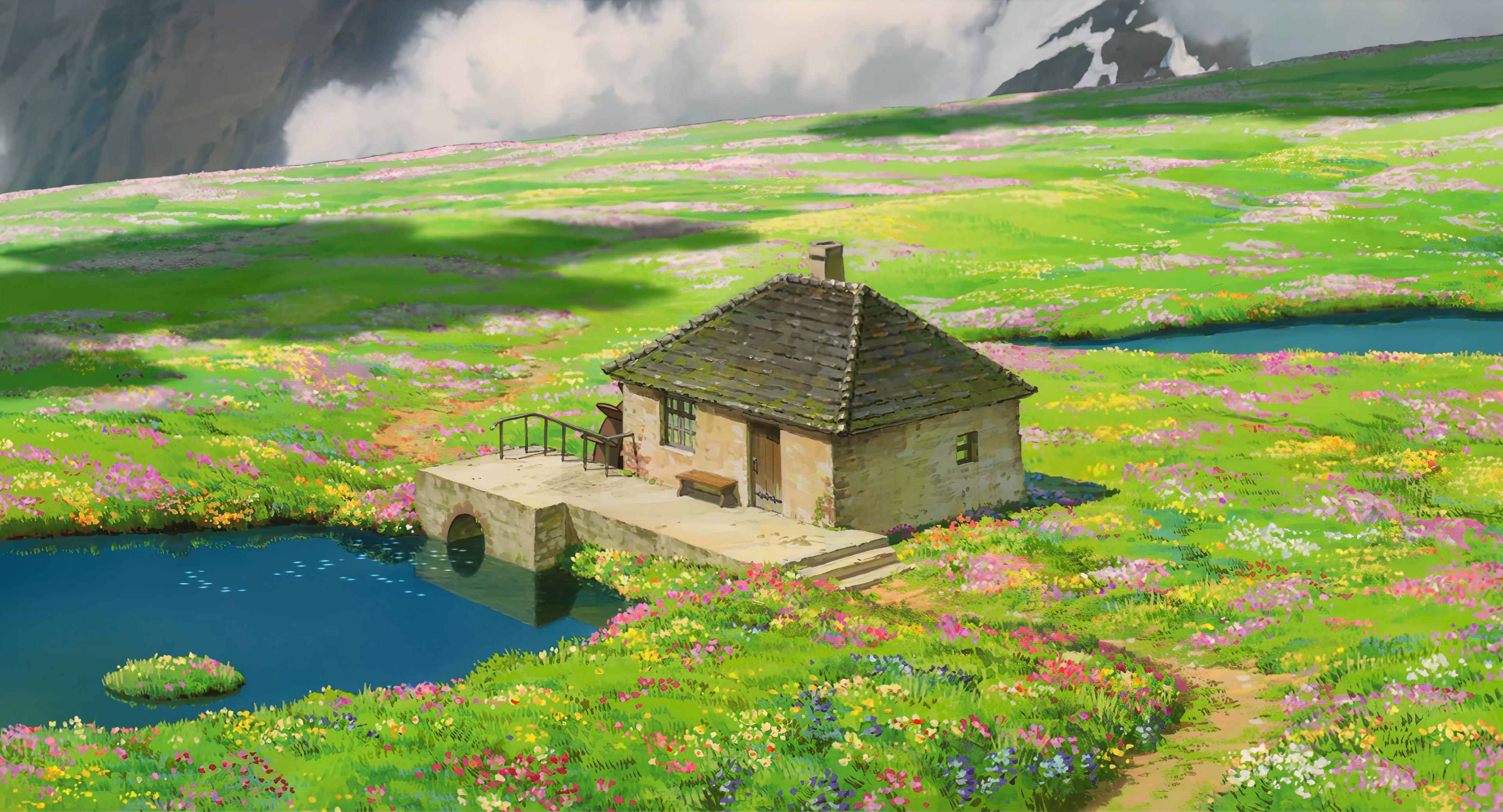山野花海小屋 田园风光 梦幻风格 绿色草地 4K