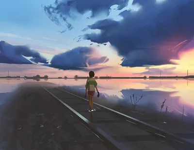 铁轨上的孤独 铁路 黄昏 动漫风格 SD