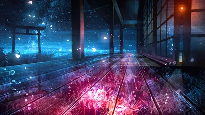 夜樱廊下 夜晚 樱花 日式建筑 4K