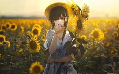 向日葵田中的少女 动漫风格 向日葵花田 少女 4K