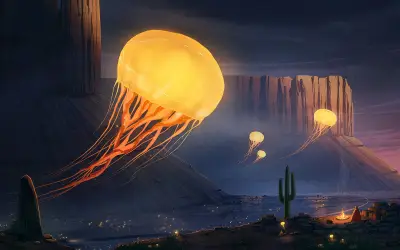 梦幻沙漠夜景 科幻 沙漠 发光水母 2K