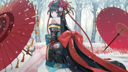 冬日和风少女 冬季 和风 红黑配色 1080P