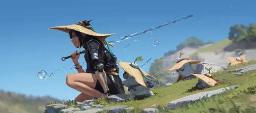 草帽少女与水珠 自然场景 卡通风格 清新色调 1080P