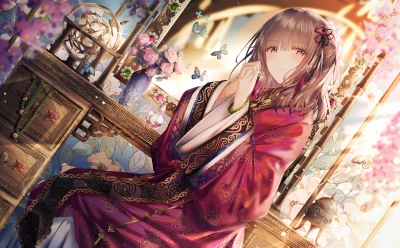 花影中的古典美人 动漫风格 古风服饰 樱花盛开 4K