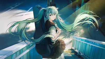 夜景中的少女 夜晚 动漫风格 蓝色调 4K