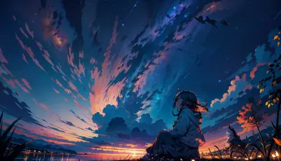 暮色下的孤独少女 黄昏 星空 幻想风格 1080P