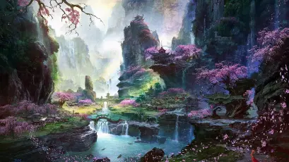 云雾缭绕的梦幻山谷 山水 奇幻 数字艺术 1080P