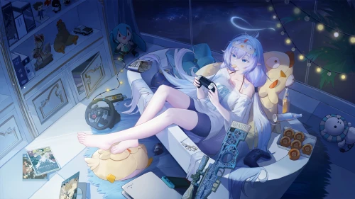 少女的温馨游戏夜 动漫风格 室内场景 冷色调 4K