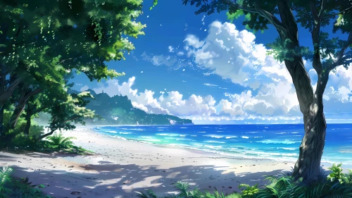 夏日海滨风光 海滩 海洋 动漫风格 4K