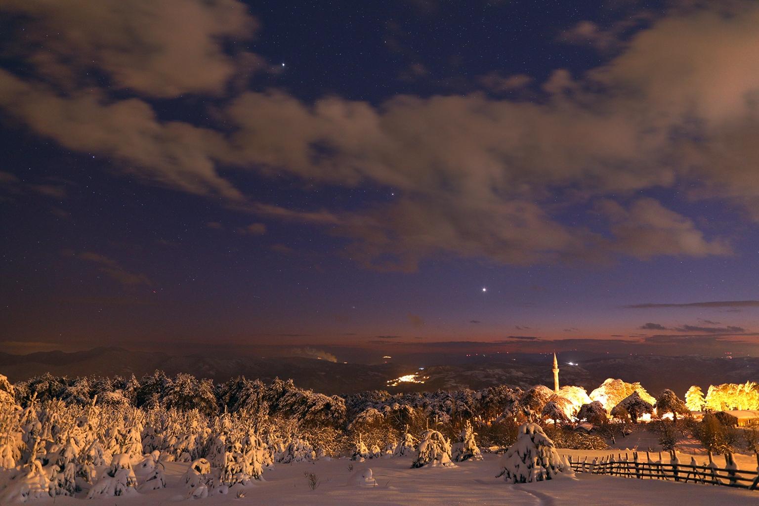 雪夜星空下的山村 雪景 夜景 星空 SD