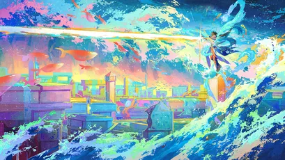 未来城市上的光束与飞 科幻 未来城市 彩色画风 1080P