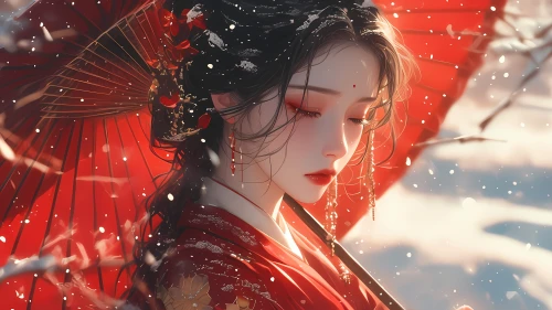 雪中红伞古风少女 古风 雪景 红伞 4K