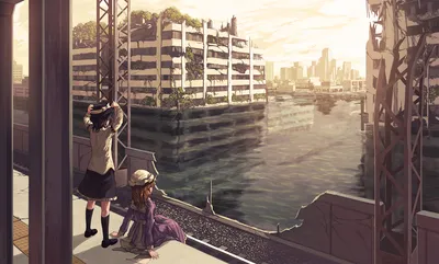 城市河畔静思 城市景观 动漫风格 黄昏色调 4K