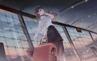 机场少女候机 机场 动漫风格 黄昏色调 2K